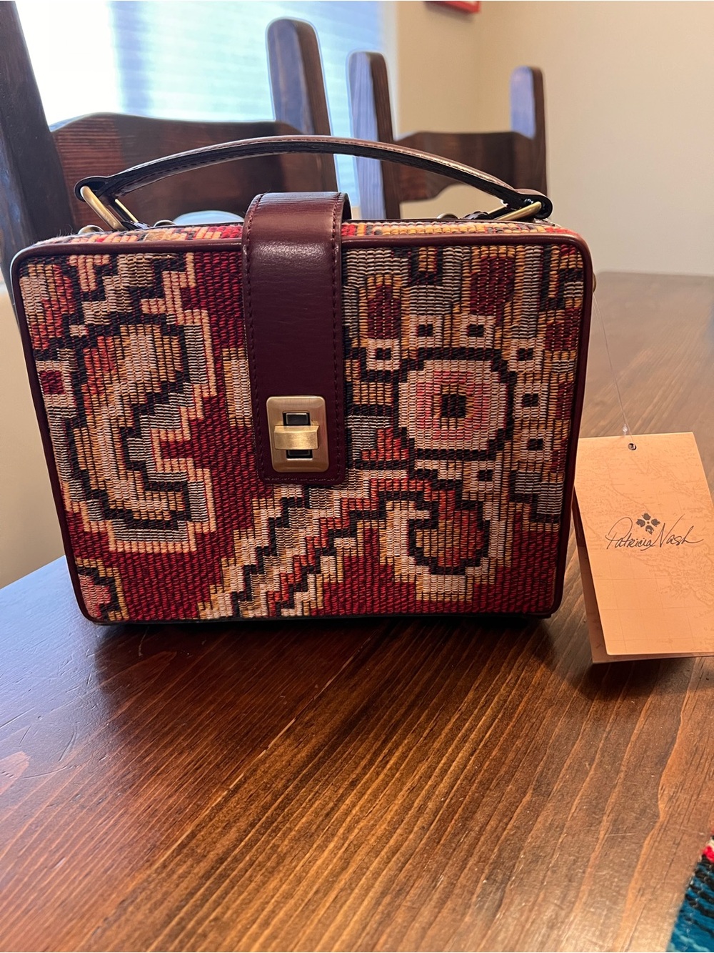 Patricia Nash Burgundy and Multi Tapestry Top-Handle Box Bag
